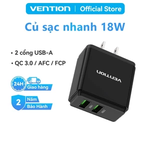 Củ Sạc Nhanh Vention 2 Cổng USB 18W Cốc Sạc USB-A Chống Cháy Nổ Dùng Cho Samsung, Xiaomi và Các Dòng Điện Thoại Khác