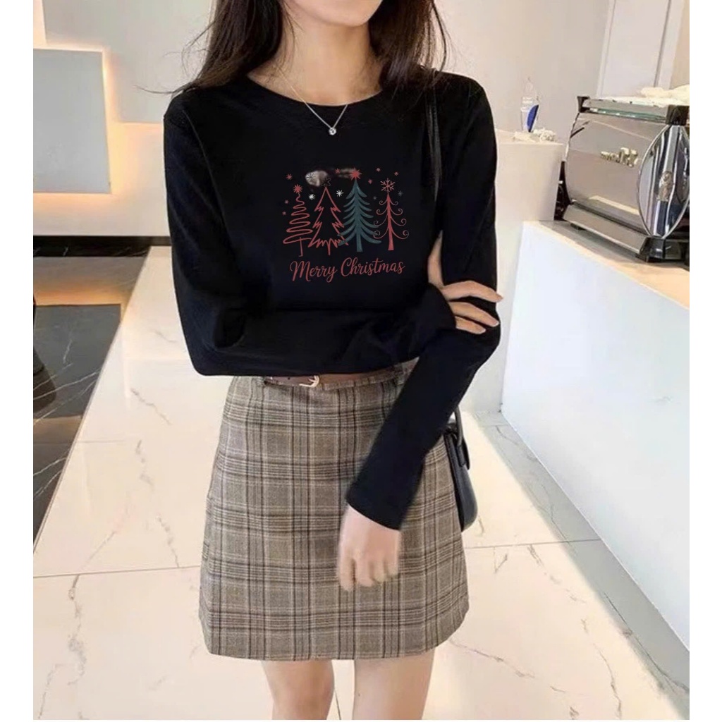 Áo thun nữ tay dài Basic dáng vừa,in hình Noel Giáng sinh JUY FAFION, Áo thun dài tay chất vải cotton chính phẩm dày dặn
