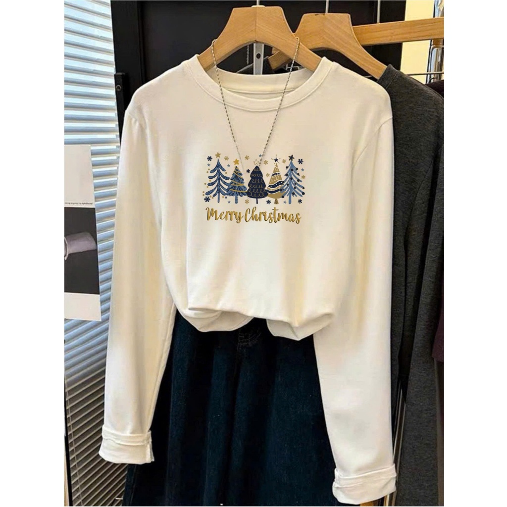 Áo thun nữ tay dài Basic dáng vừa,in hình Noel Giáng sinh JUY FAFION, Áo thun dài tay chất vải cotton chính phẩm dày dặn