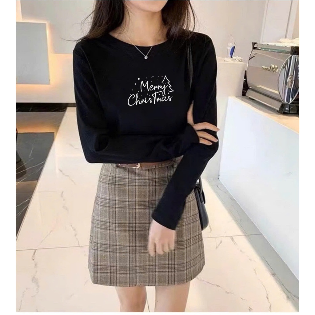 Áo thun nữ tay dài Basic dáng vừa,in hình Noel Giáng sinh JUY FAFION, Áo thun dài tay chất vải cotton chính phẩm dày dặn