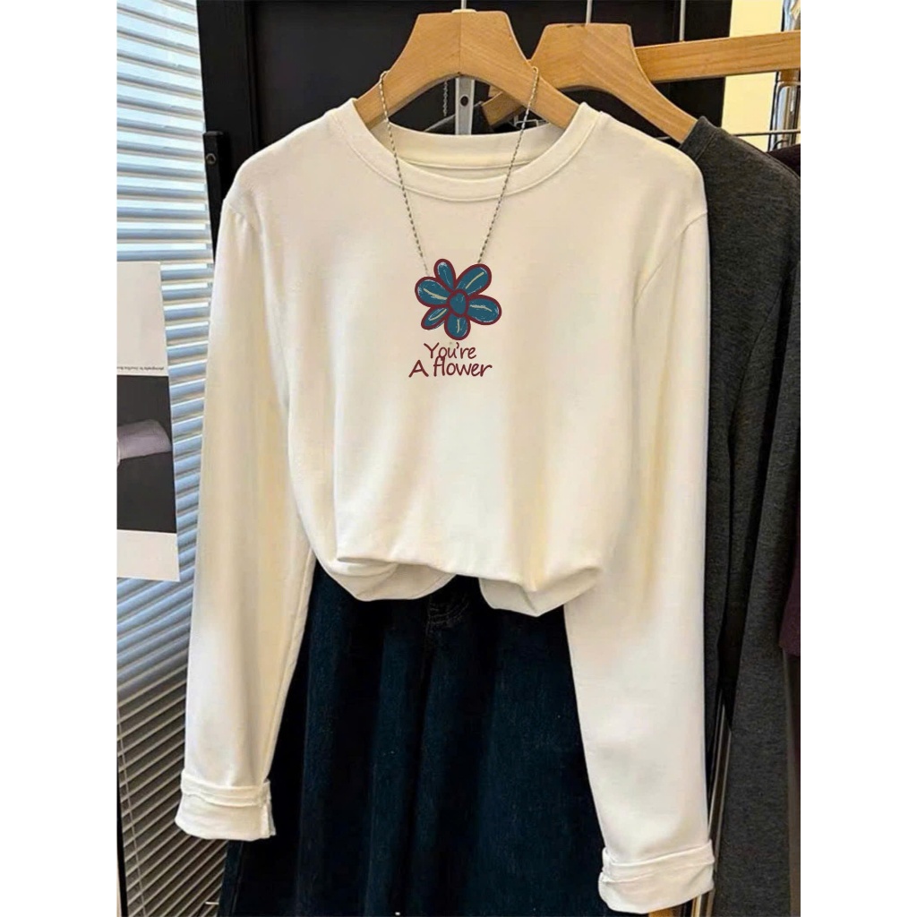 Áo thun nữ tay dài Basic dáng vừa, in hình JUY FAFION, Áo thun dài tay chất vải cotton chính phẩm dày dặn, mặc Thu Đông