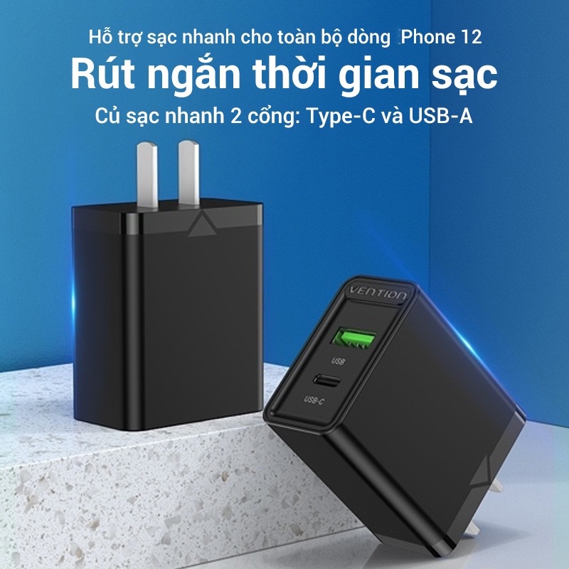 Củ Sạc Nhanh Vention 20W PD & QC 18W, Công Nghệ PD 3.0&QC 3.0 Sạc Nhanh, 2 Cổng USB-A/USB-C Sạc Hai Thiết Bị Cùng Lúc