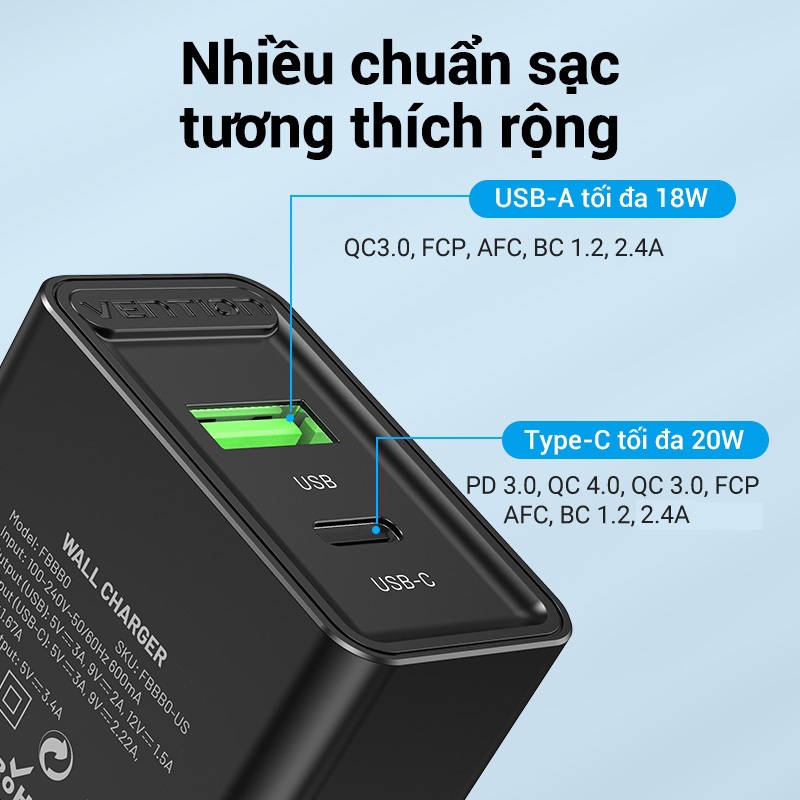 Củ Sạc Nhanh Vention 20W PD & QC 18W, Công Nghệ PD 3.0&QC 3.0 Sạc Nhanh, 2 Cổng USB-A/USB-C Sạc Hai Thiết Bị Cùng Lúc