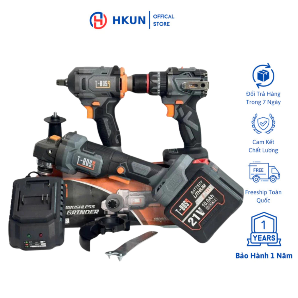 Combo T-BOSS Máy Mài 6025, Máy Khoan 6110, Máy Siết 6380 Động Cơ Không Chổi Than 1Pin 20Cell Sạc Chính Hãng