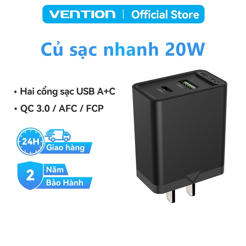 Củ Sạc Nhanh Vention 20W PD & QC 18W, Công Nghệ PD 3.0&QC 3.0 Sạc Nhanh, 2 Cổng USB-A/USB-C Sạc Hai Thiết Bị Cùng Lúc
