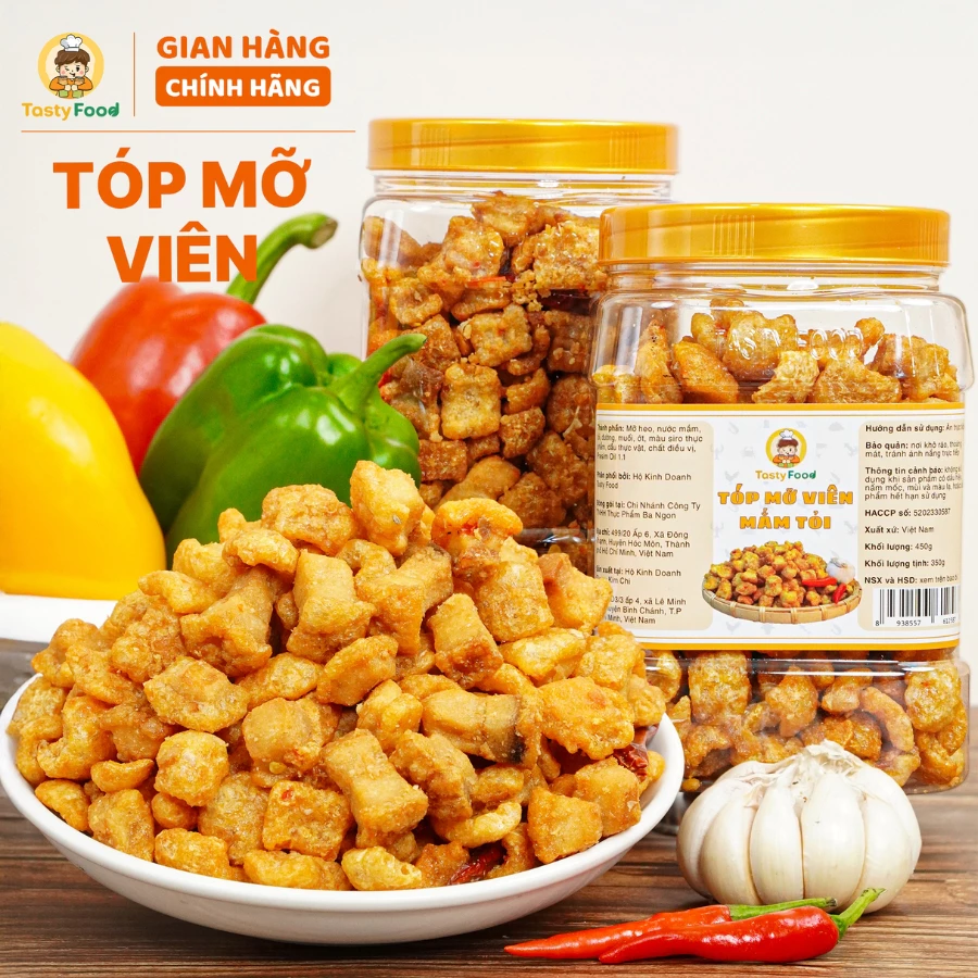 Tóp mỡ viên mắm tỏi da giòn Tasty Food - Hũ vuông 450g