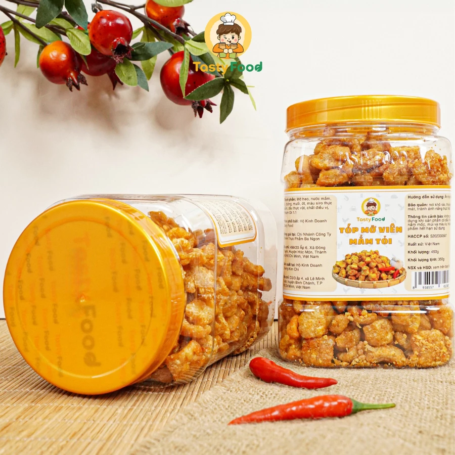 Tóp mỡ viên mắm tỏi da giòn Tasty Food - Hũ vuông 450g