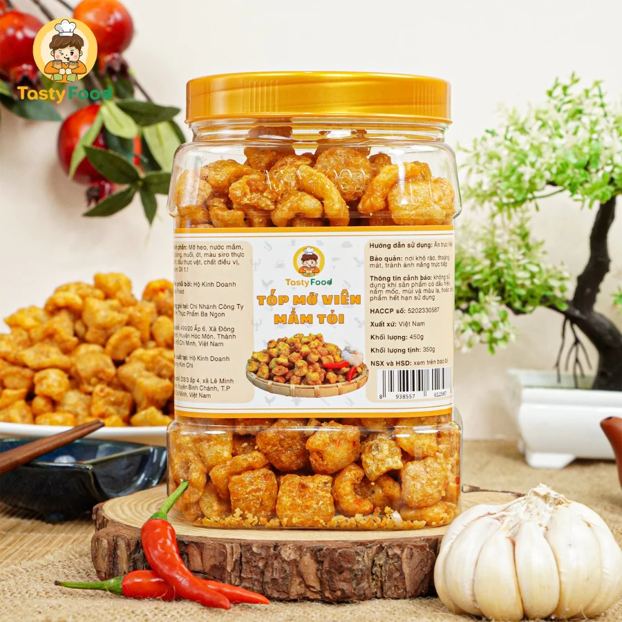 Tóp mỡ viên mắm tỏi da giòn Tasty Food - Hũ vuông 450g