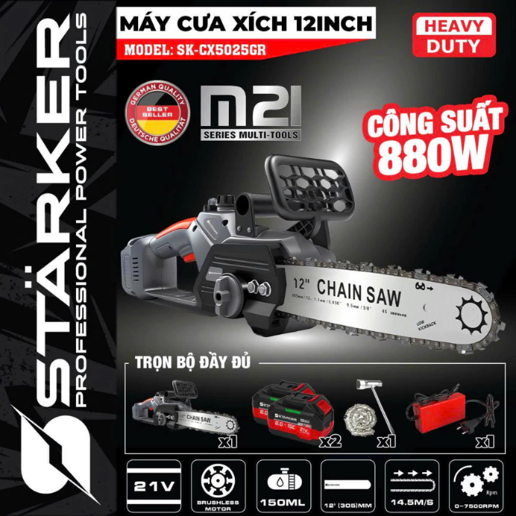 Máy Cưa Xích 12 Inch STARKER SK-CX5025GR Động Cơ Không Chổi Than, Chân Pin Phổ Thông