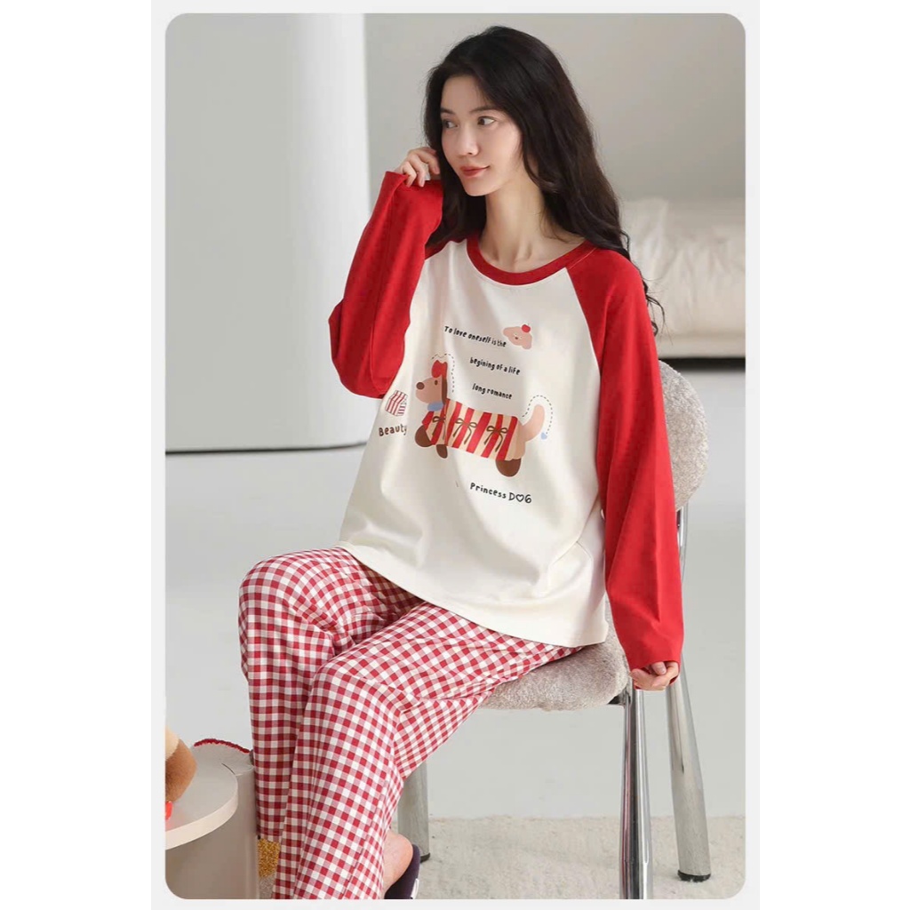 Sét bộ Dài tay Phối màu Giáng Sinh JULY FASHION, Đồ bộ mặc nhà quần dài kate dáng suông dày dặn, Áo Ragan chất xượt