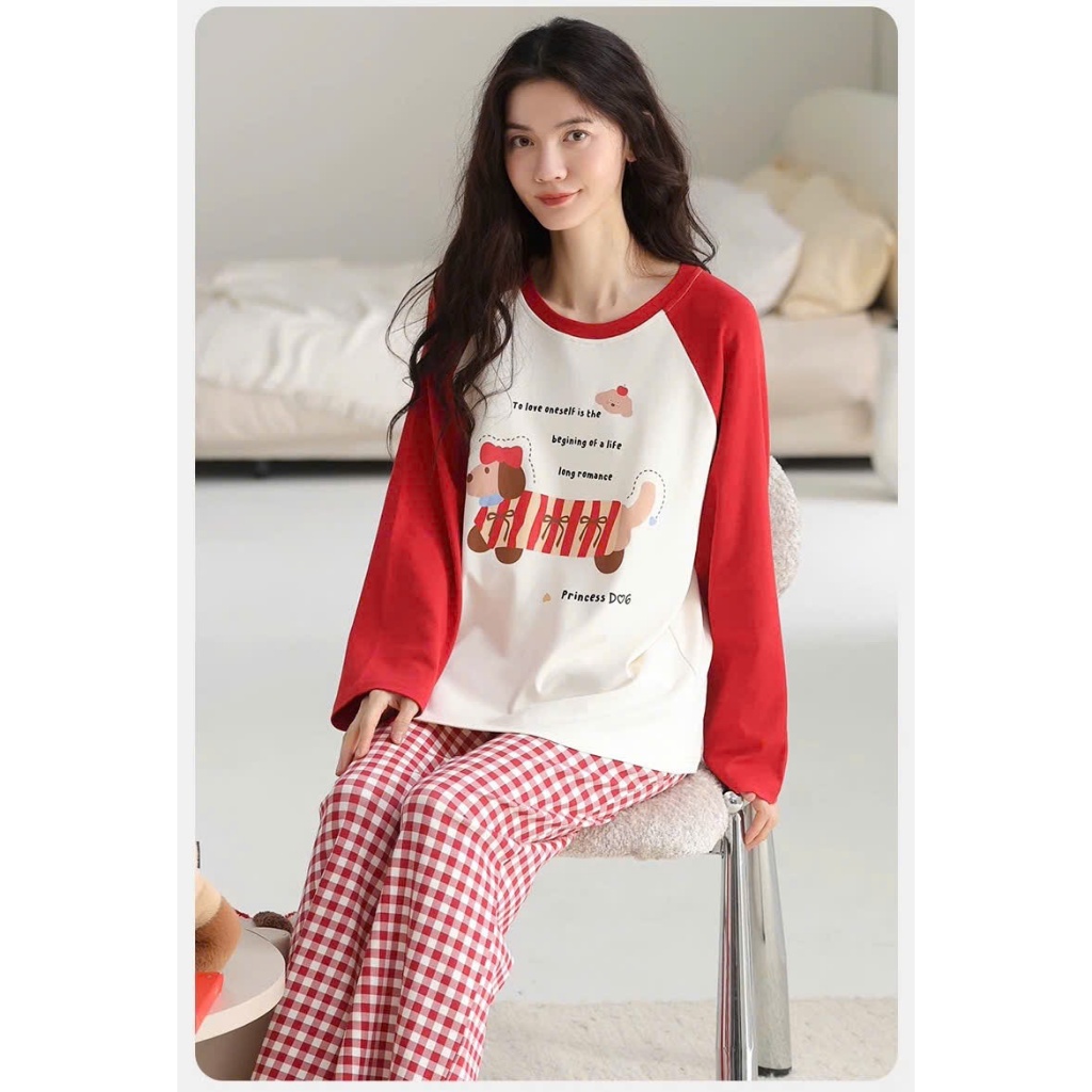 Sét bộ Dài tay Phối màu Giáng Sinh JULY FASHION, Đồ bộ mặc nhà quần dài kate dáng suông dày dặn, Áo Ragan chất xượt