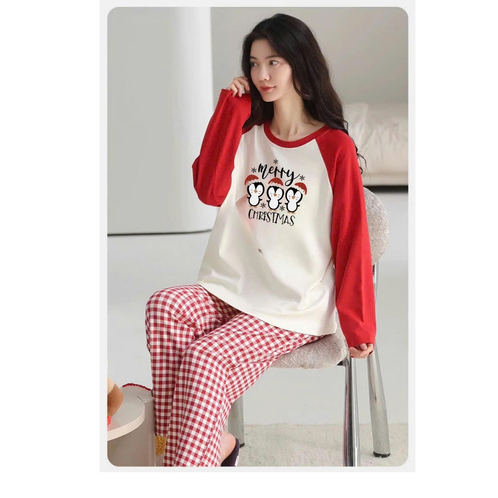 Sét bộ Dài tay Phối màu Giáng Sinh JULY FASHION, Đồ bộ mặc nhà quần dài kate dáng suông dày dặn, Áo Ragan chất xượt
