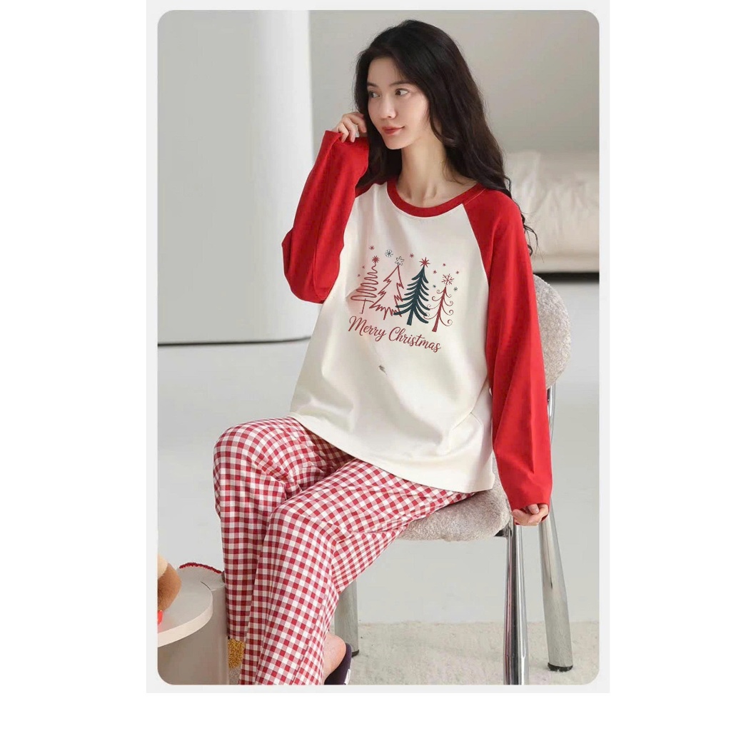 Sét bộ Dài tay Phối màu Giáng Sinh JULY FASHION, Đồ bộ mặc nhà quần dài kate dáng suông dày dặn, Áo Ragan chất xượt