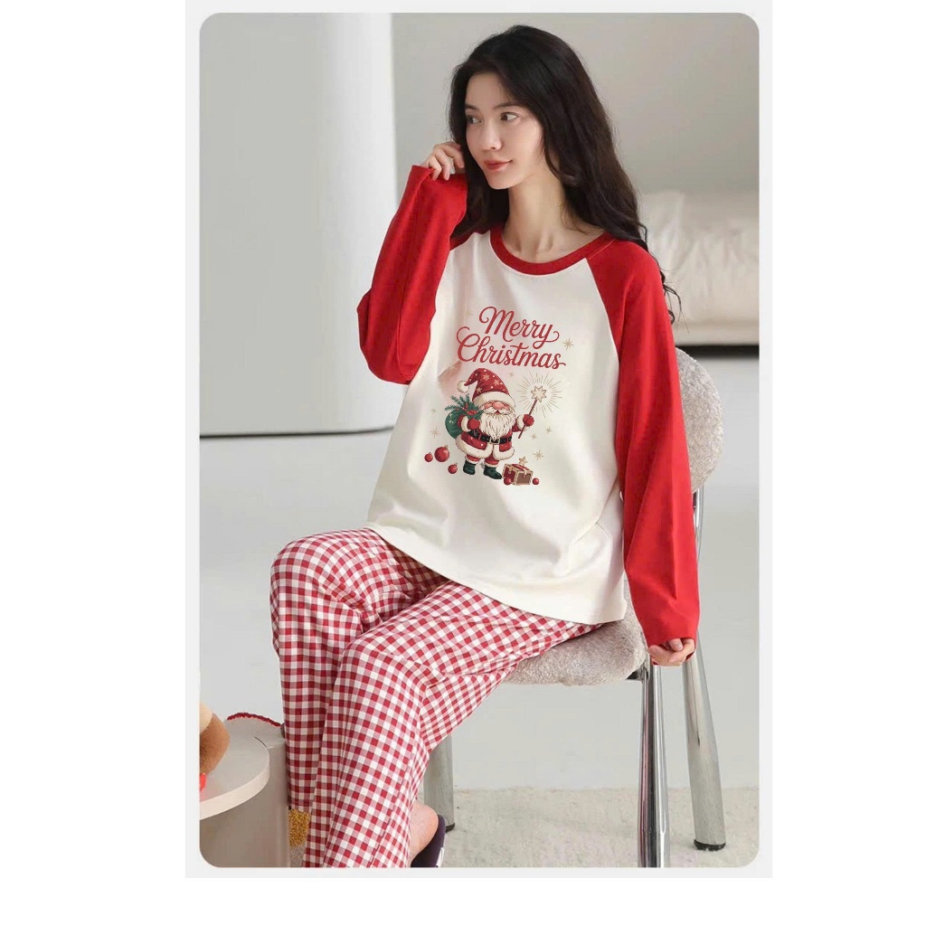 Sét bộ Dài tay Phối màu Giáng Sinh JULY FASHION, Đồ bộ mặc nhà quần dài kate dáng suông dày dặn, Áo Ragan chất xượt