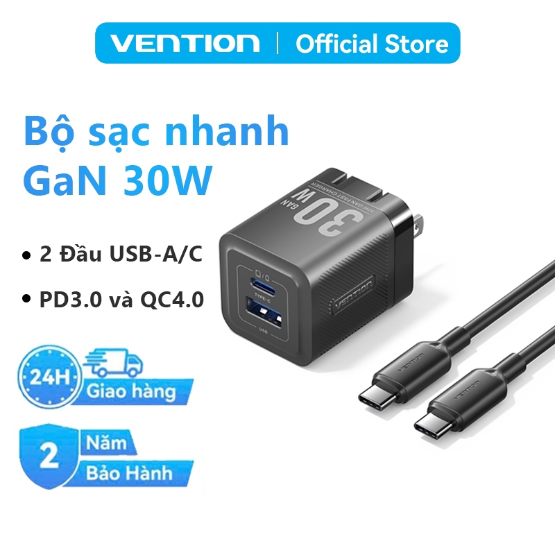 Bộ Sạc Nhanh 30W GaN Vention 2 Cổng USB-C Và USB-A Kèm Cáp Type-C To C 1M -  Hỗ Trợ PD  Cho Phone, Samsung, Xiaomi