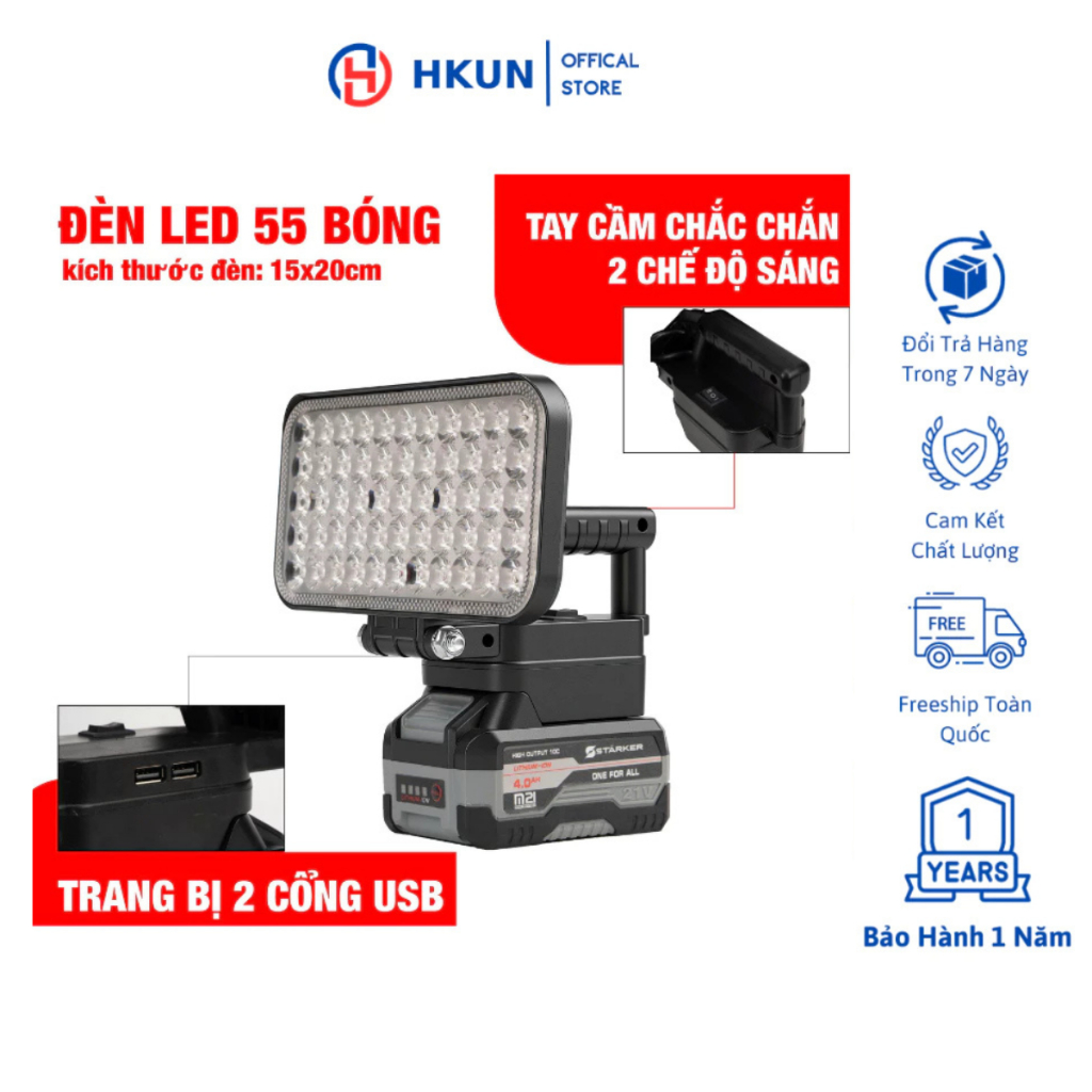 Đèn LED 55 Bóng Có Tay Cầm, 2 Cổng USB Chân Pin Phổ Thông Sử Dụng Làm Việc Ban Đêm, Cắm Trại