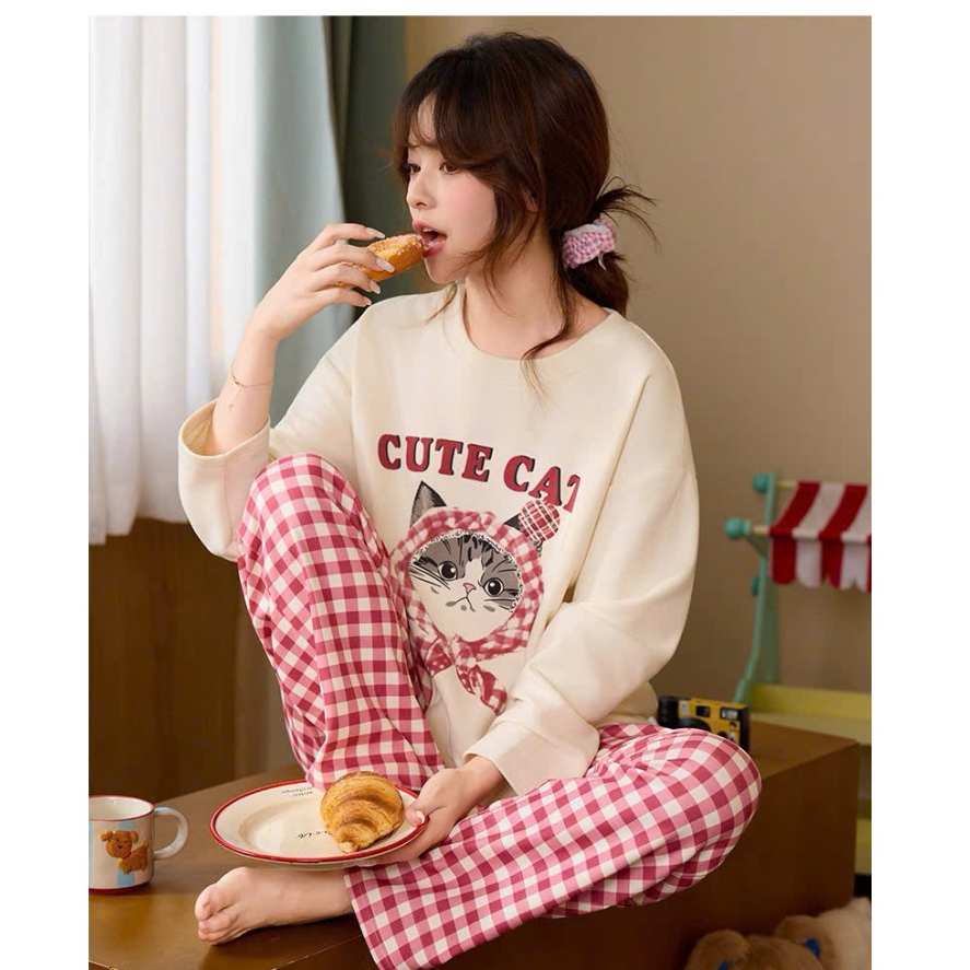 Sét Bộ mặc nhà Quần dài kate dáng suông, Áo dài tay in hình JULY FASHION, Bộ mặc ngủ mùa đông 2025