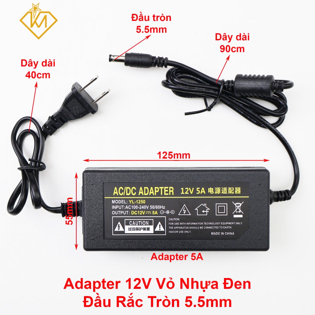 (Chỉ dùng cho LED) Nguồn, Adapter 12V - 5A - 60W và Adapter 12V - 2A - 24W đầu nguồn tròn 5.5mm
