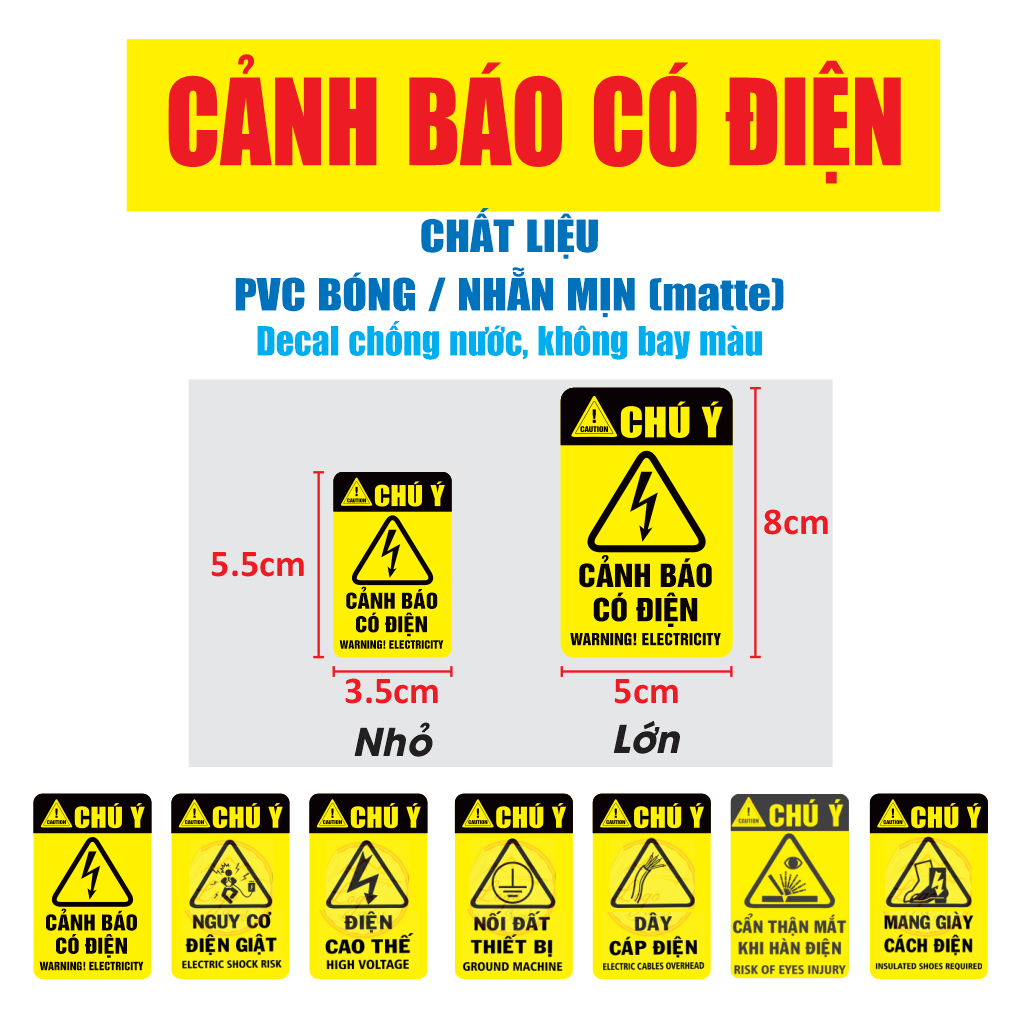 Tem cảnh báo điện ⚡ Tem dán nguy hiểm điện giật – Điện cao thế, thiết bị điện. Chống nước, bền màu – Nhiều mẫu chọn