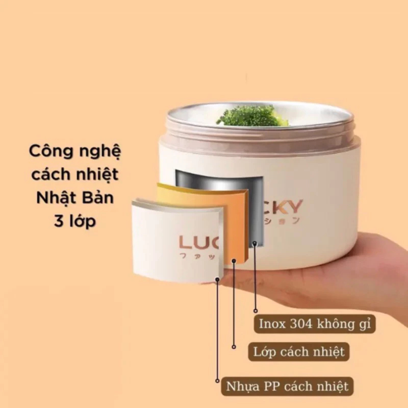 Hộp Cơm Giữ Nhiệt Lucky 3 Tầng Inox 304 – Cà Mèn Văn Phòng Kèm Túi, Giữ Nhiệt Lâu, Chống Tràn