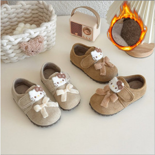 Sz 18-30 Giày Da Lộn Nâu Mèo Hello Kitty Lót Lông Quai Dán Cho Bé Gái K177