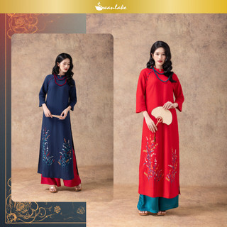 SWANLAKE | Áo Dài Cách Tân Nữ Dáng Suông Chất Vải Linen Cổ Trụ Tay Lỡ Thêu Hoa Đính Nút L13090