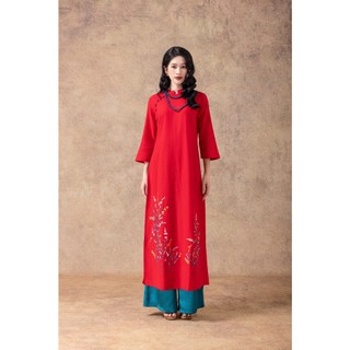 SWANLAKE | Áo Dài Cách Tân Nữ Dáng Suông Chất Vải Linen Cổ Trụ Tay Lỡ Thêu Hoa Đính Nút L13090