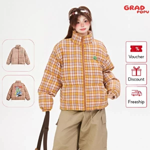 Áo khoác phao GRADPOPU cotton kẻ caro in chó đốm vui nhộn, dáng rộng thời trang mùa đông PAP51