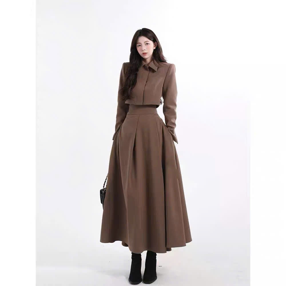 Sét Áo Croptop Tay Ngắn - Chân Váy Dài Xếp Ly , Bộ Đồ Nữ Thanh Lịch, Trẻ Trung, Phong Cách Công Sở, Dự Tiệc, Dạo Phố