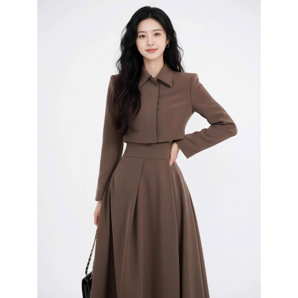 Sét Áo Croptop Tay Ngắn - Chân Váy Dài Xếp Ly , Bộ Đồ Nữ Thanh Lịch, Trẻ Trung, Phong Cách Công Sở, Dự Tiệc, Dạo Phố