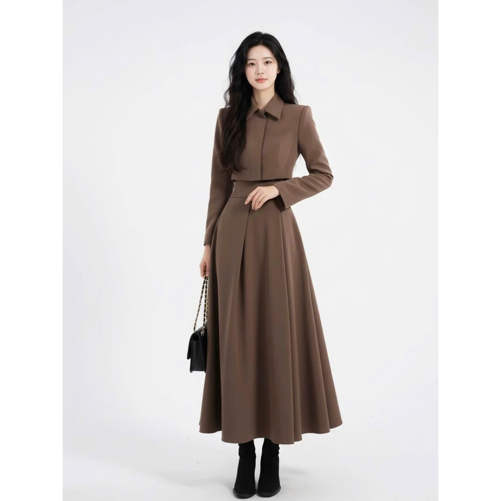 Sét Áo Croptop Tay Ngắn - Chân Váy Dài Xếp Ly , Bộ Đồ Nữ Thanh Lịch, Trẻ Trung, Phong Cách Công Sở, Dự Tiệc, Dạo Phố