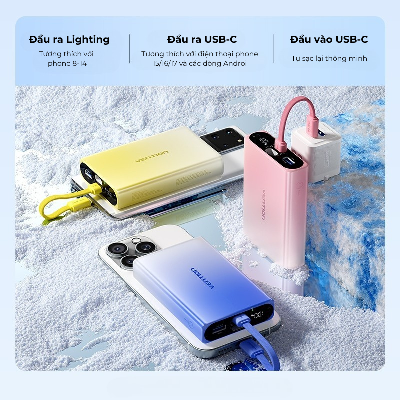 Pin Sạc Dự Phòng Vention 10000mAh PD 22.5W Sạc Nhanh Siêu Tốc Sẵn Cáp Sạc Nhiều Màu 3 trong 1(USB-C/Light/USB-A)