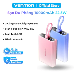 Pin Sạc Dự Phòng Vention 10000mAh PD 22.5W Sạc Nhanh Siêu Tốc Sẵn Cáp Sạc Nhiều Màu 3 trong 1(USB-C/Light/USB-A)