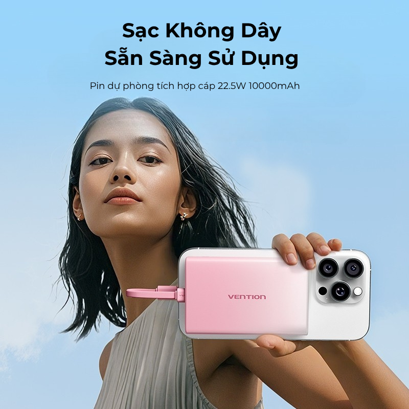 Pin Sạc Dự Phòng Vention 10000mAh PD 22.5W Sạc Nhanh Siêu Tốc Sẵn Cáp Sạc Nhiều Màu 3 trong 1(USB-C/Light/USB-A)