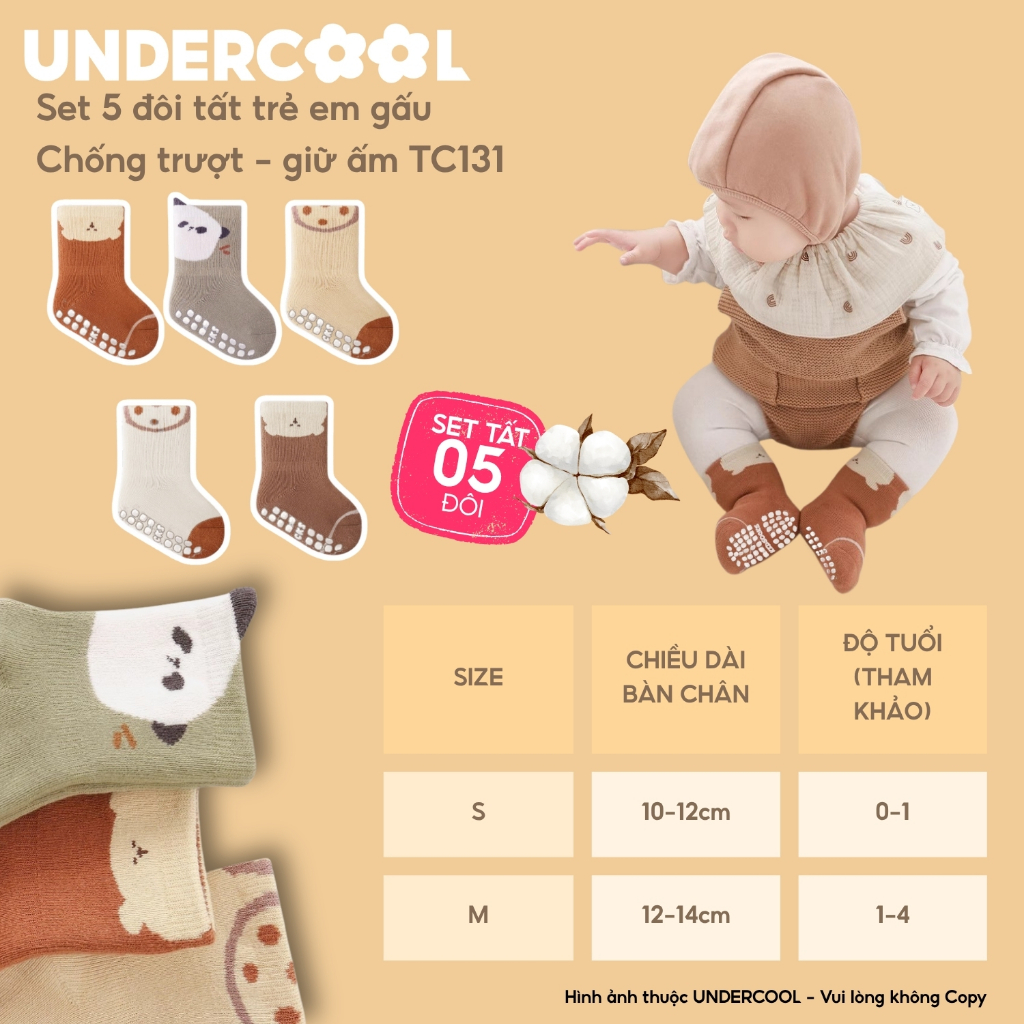 Set 5 Đôi Tất Sơ Sinh Chống Trượt UNDERCOOL Combo 5 vớ Cho Bé Trai Bé Trai - Gái 0-4 Tuổi Hình Gấu Giữ Ấm Cổ Ngắn TC131