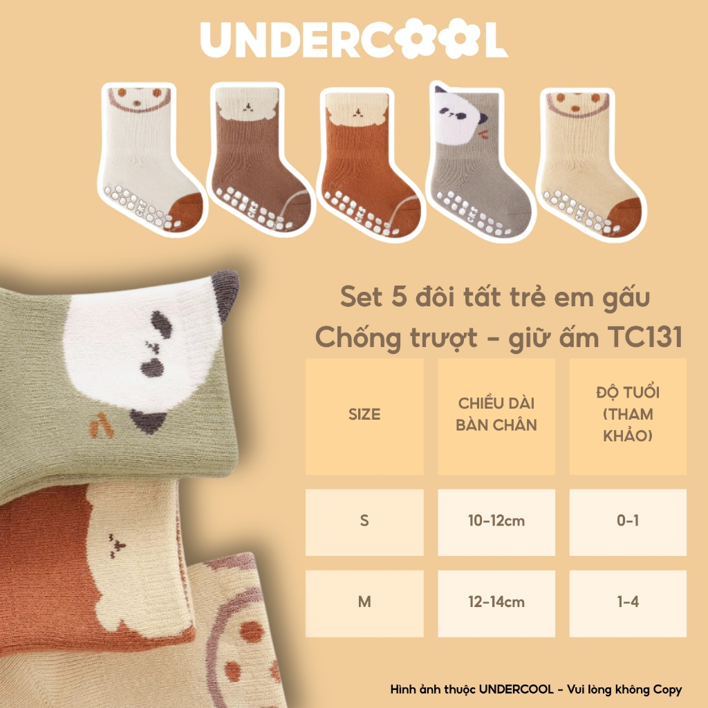 Set 5 Đôi Tất Sơ Sinh Chống Trượt UNDERCOOL Combo 5 vớ Cho Bé Trai Bé Trai - Gái 0-4 Tuổi Hình Gấu Giữ Ấm Cổ Ngắn TC131