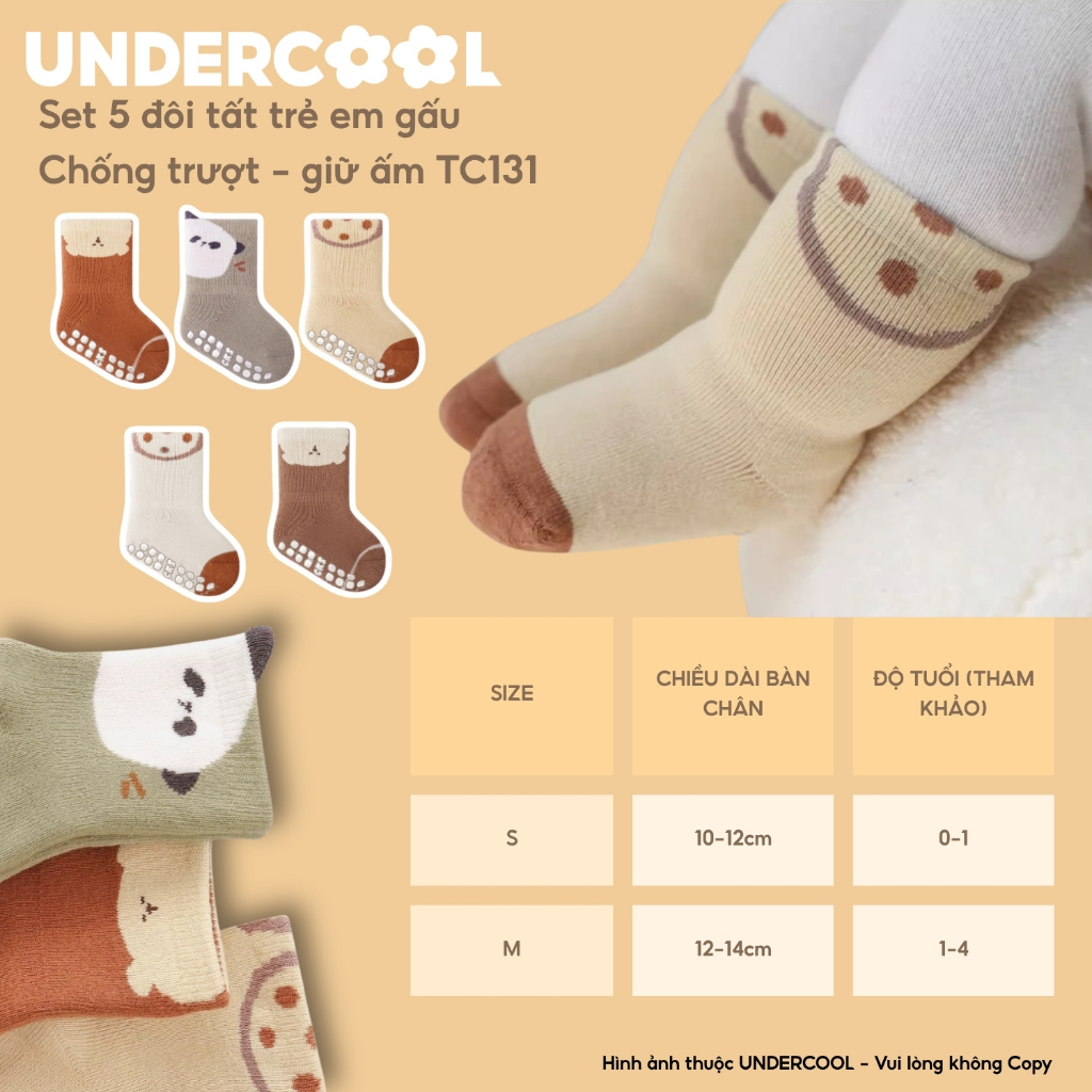 Set 5 Đôi Tất Sơ Sinh Chống Trượt UNDERCOOL Combo 5 vớ Cho Bé Trai Bé Trai - Gái 0-4 Tuổi Hình Gấu Giữ Ấm Cổ Ngắn TC131