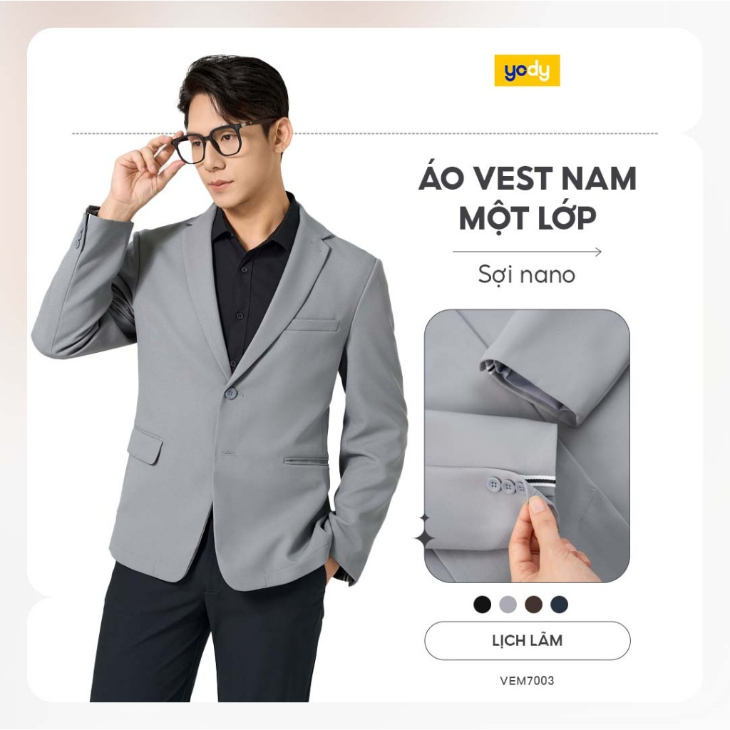 Áo khoác vest nam YODY áo 1 lớp, đứng form, hạn chế nhăn nhàu, có túi trong TRA - VEM7003