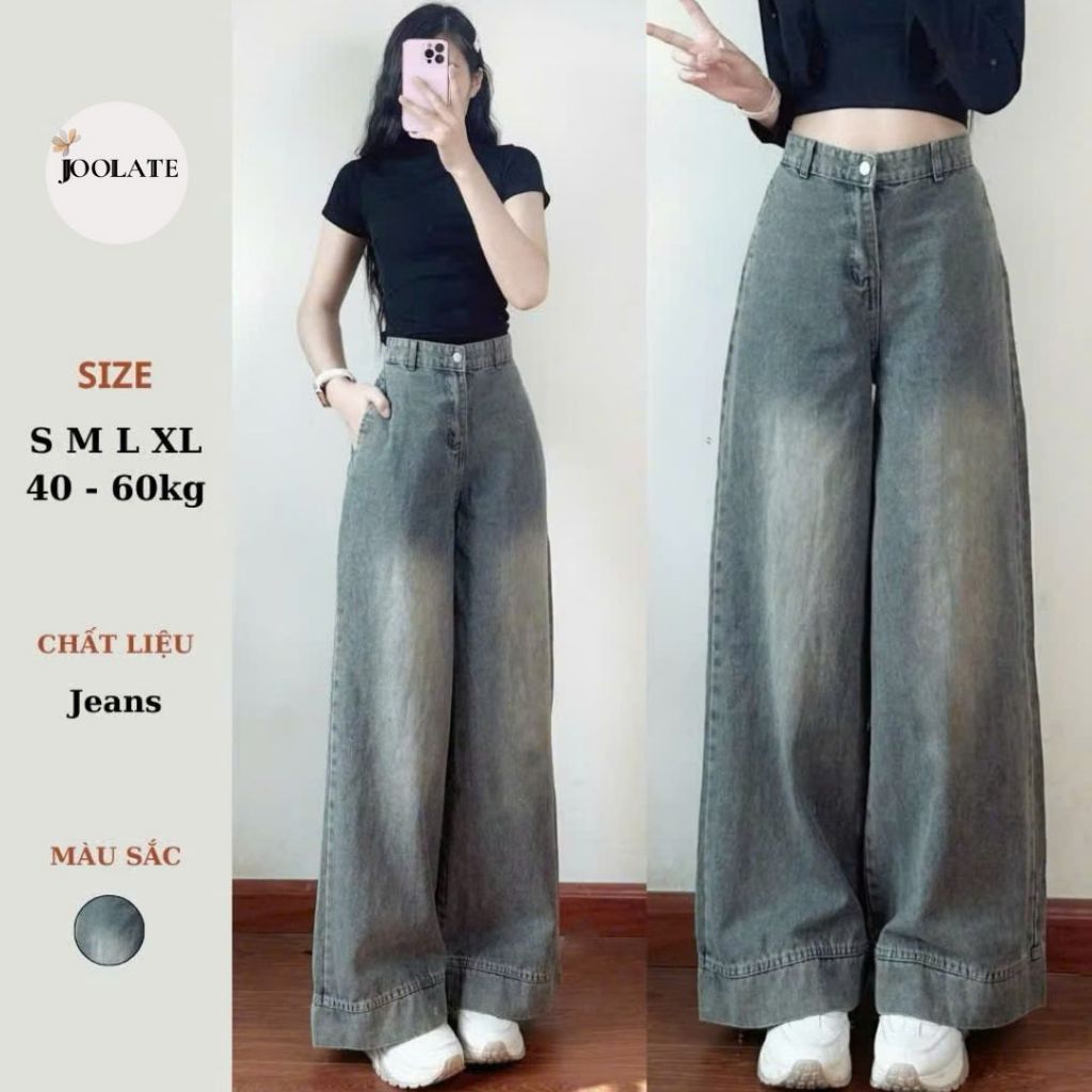 Quần jeans nữ ống suông ống rộng Joolate lưng cao tôn dáng màu xanh retro đi học đi làm đi chơi