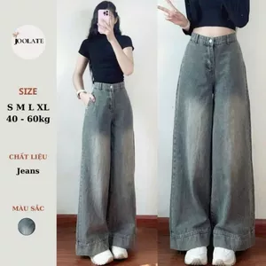 Quần jeans nữ ống suông ống rộng Joolate lưng cao tôn dáng màu xanh retro đi học đi làm đi chơi