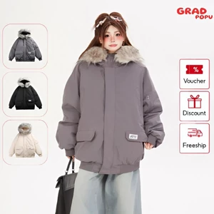 Áo khoác phao GRADPOPU cotton dày dặn dáng rộng, có mũ trùm đầu cổ lông kiểu dáng mới PAP53