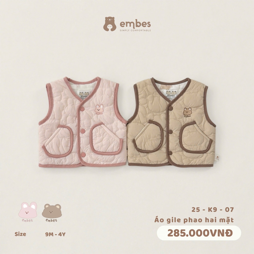[New Collection] Áo Gile Cho Bé Embes, Áo Gile Hai Mặt Phao Và Nỉ Lông Dày Dặn Cho Bé Size Từ 8-18Kg