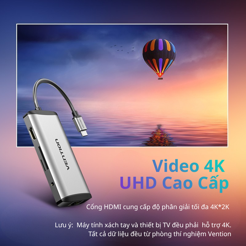 Hub Chuyển Đổi Vention USB-C 9-in-1 HDMI 4K60Hz RJ45 5Gbps SD/TF Audio 3.5mm PD 100W Docking Station Cho Laptop PC Mac
