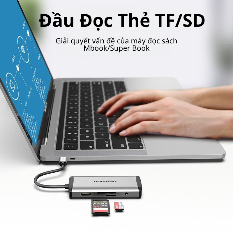 Hub Chuyển Đổi Vention USB-C 9-in-1 HDMI 4K60Hz RJ45 5Gbps SD/TF Audio 3.5mm PD 100W Docking Station Cho Laptop PC Mac