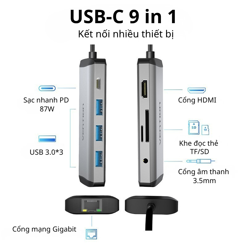 Hub Chuyển Đổi Vention USB-C 9-in-1 HDMI 4K60Hz RJ45 5Gbps SD/TF Audio 3.5mm PD 100W Docking Station Cho Laptop PC Mac