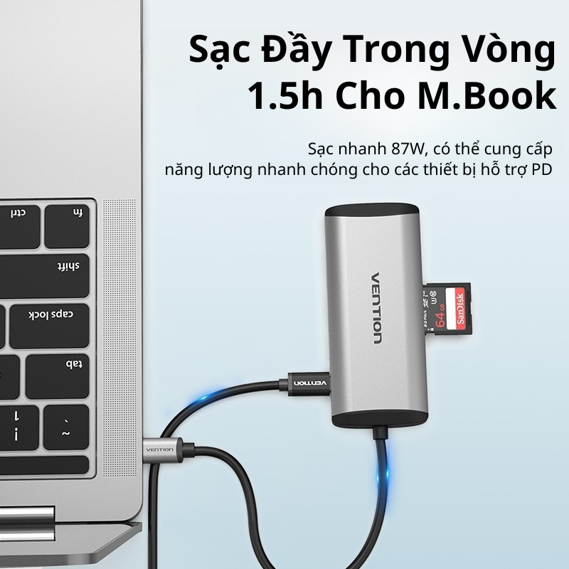 Hub Chuyển Đổi Vention USB-C 9-in-1 HDMI 4K60Hz RJ45 5Gbps SD/TF Audio 3.5mm PD 100W Docking Station Cho Laptop PC Mac