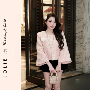 Áo khoác dạ tweed tay loe JOLIE, Áo khoác nữ dáng ngắn cúc ngọc tiểu thư sang chảnh