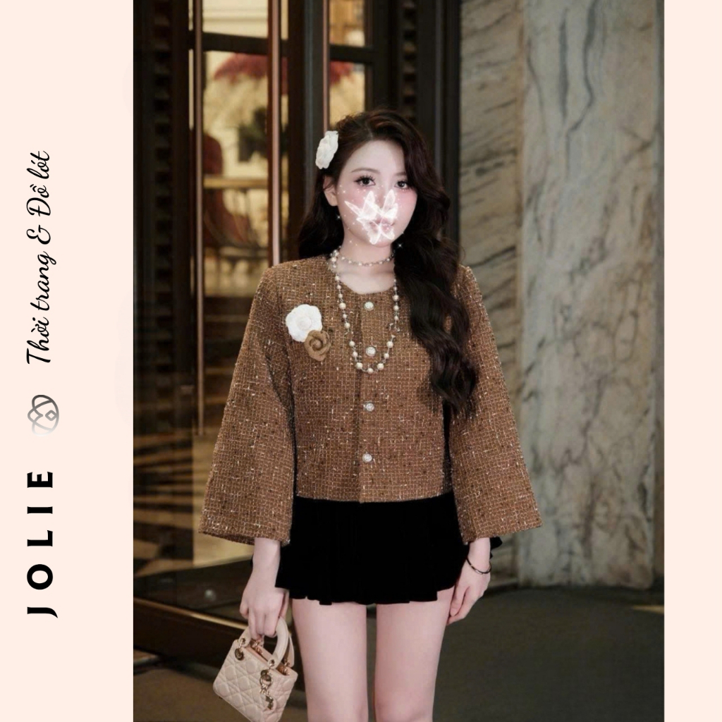 Áo khoác dạ tweed tay loe JOLIE, Áo khoác nữ dáng ngắn cúc ngọc tiểu thư sang chảnh