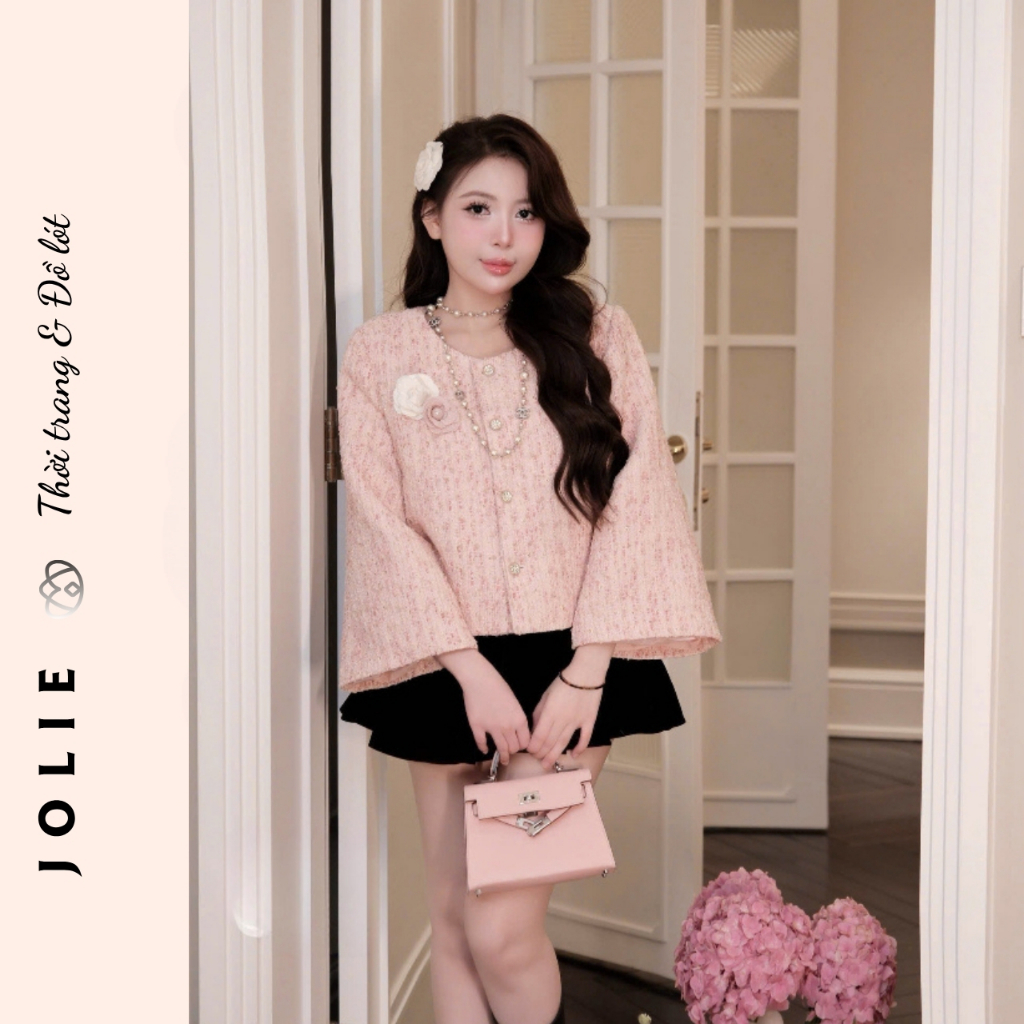 Áo khoác dạ tweed tay loe JOLIE, Áo khoác nữ dáng ngắn cúc ngọc tiểu thư sang chảnh