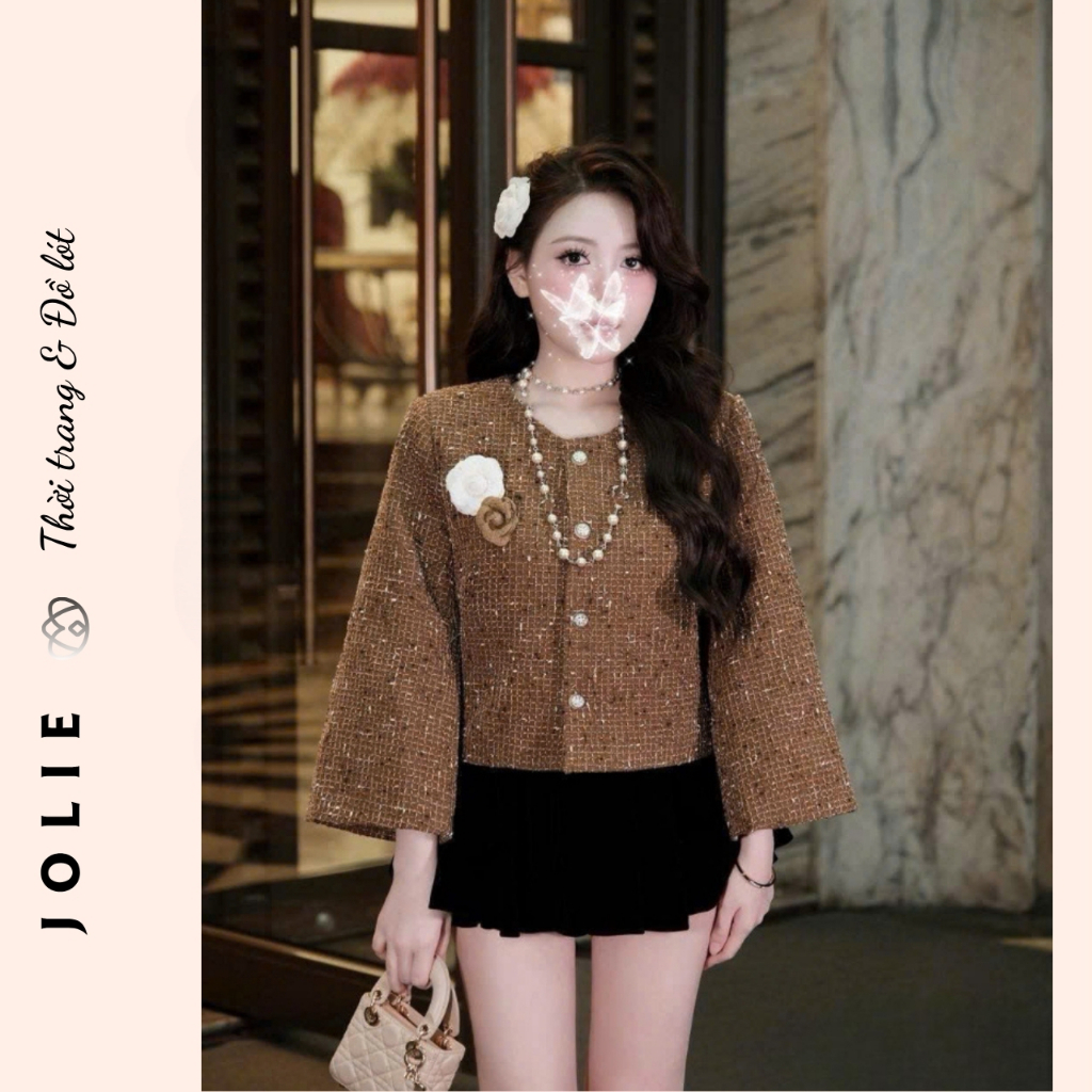 Áo khoác dạ tweed tay loe JOLIE, Áo khoác nữ dáng ngắn cúc ngọc tiểu thư sang chảnh